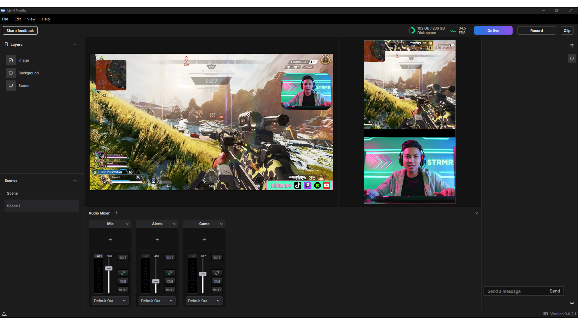 Comparación de lienzo horizontal y vertical nativo en software de streaming.