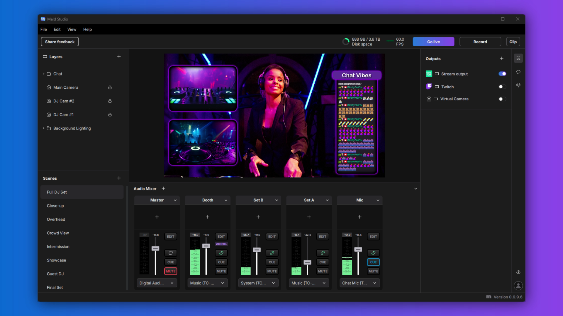Interfaz principal de Meld Studio en modo oscuro para streaming profesional.