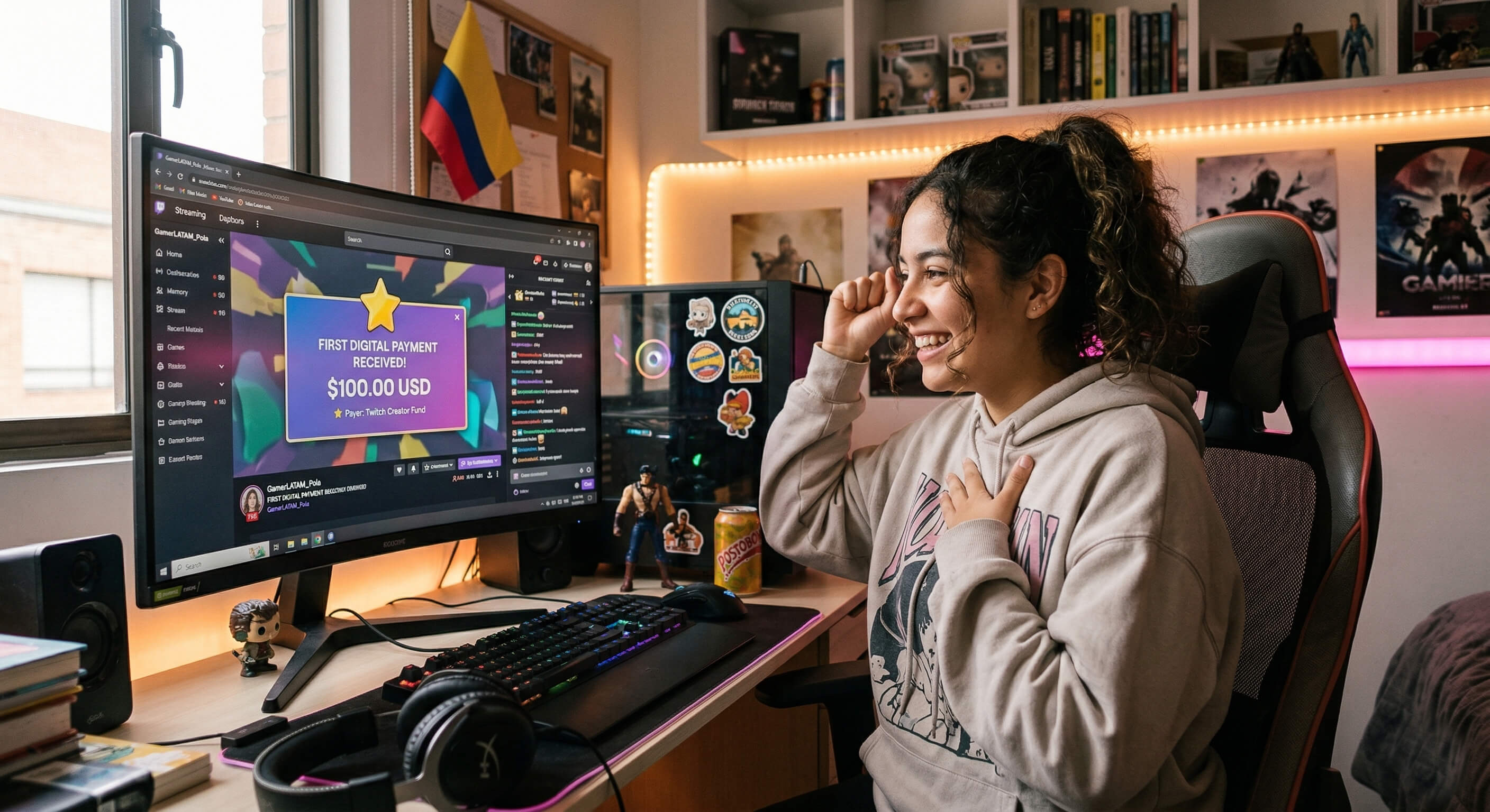 Streamer celebrando su primer dólar ganado en directo